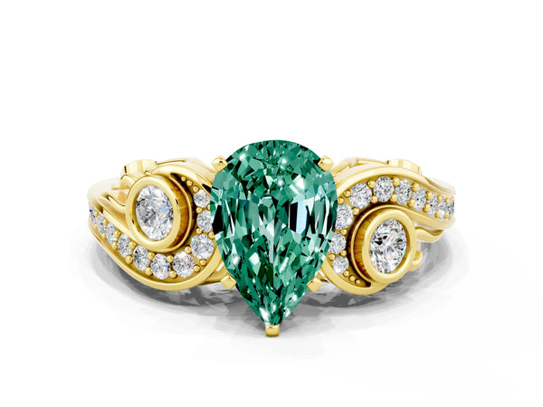 Yellow gold Pear Cut Green Sapphire Solitaire Ring with Milgrain Pavé Band and Four-Prong Setting