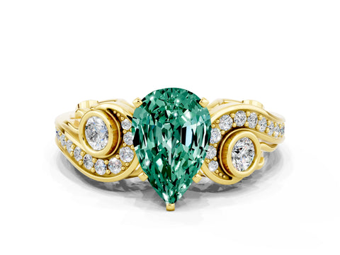 Yellow gold Pear Cut Green Sapphire Solitaire Ring with Milgrain Pavé Band and Four-Prong Setting_24