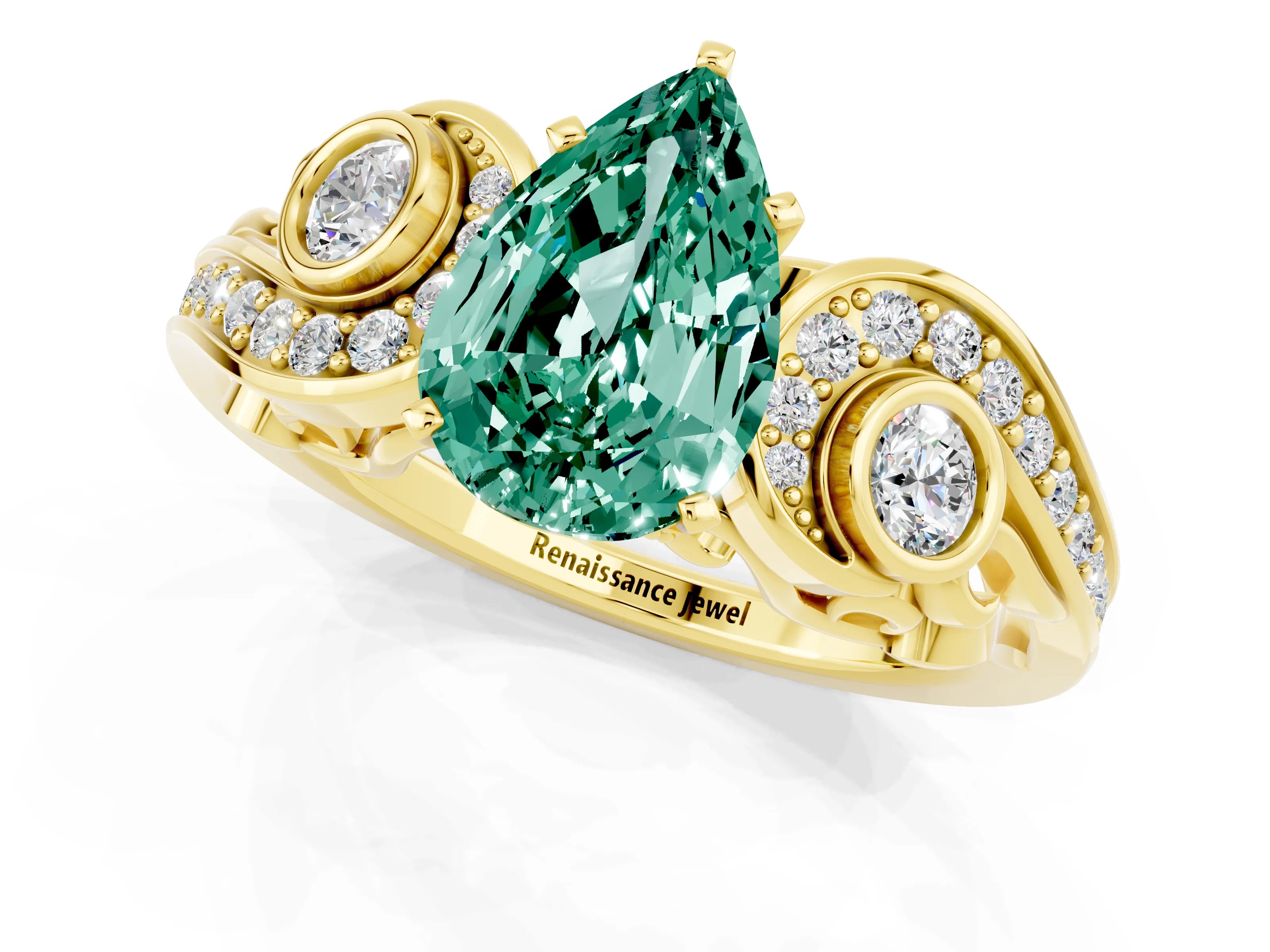 Yellow gold Pear Cut Green Sapphire Solitaire Ring with Milgrain Pavé Band and Four-Prong Setting_25