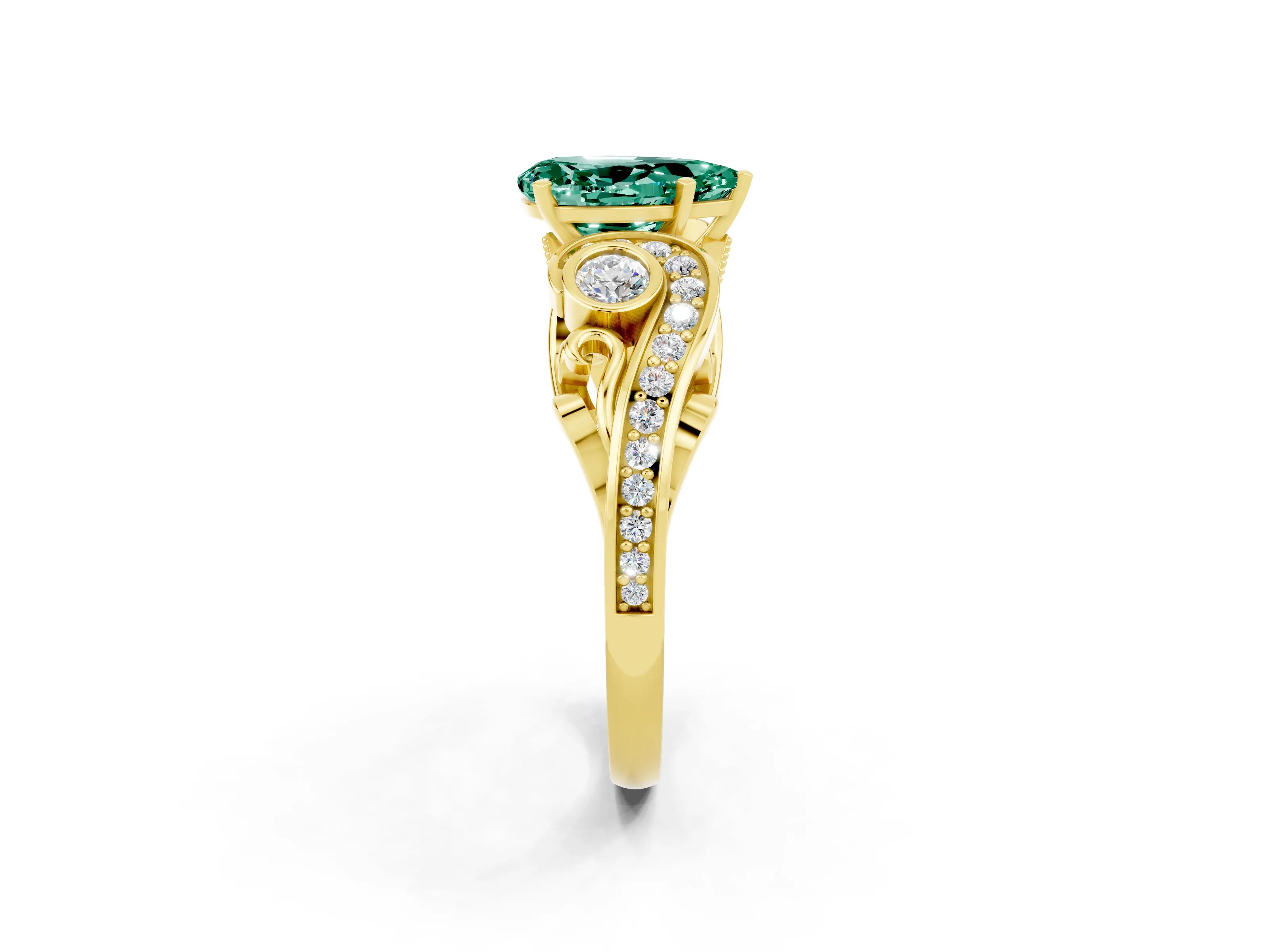 Yellow gold Pear Cut Green Sapphire Solitaire Ring with Milgrain Pavé Band and Four-Prong Setting_26