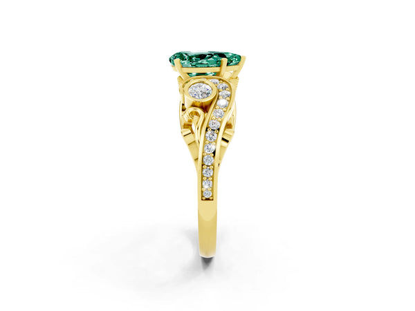 Yellow gold Pear Cut Green Sapphire Solitaire Ring with Milgrain Pavé Band and Four-Prong Setting