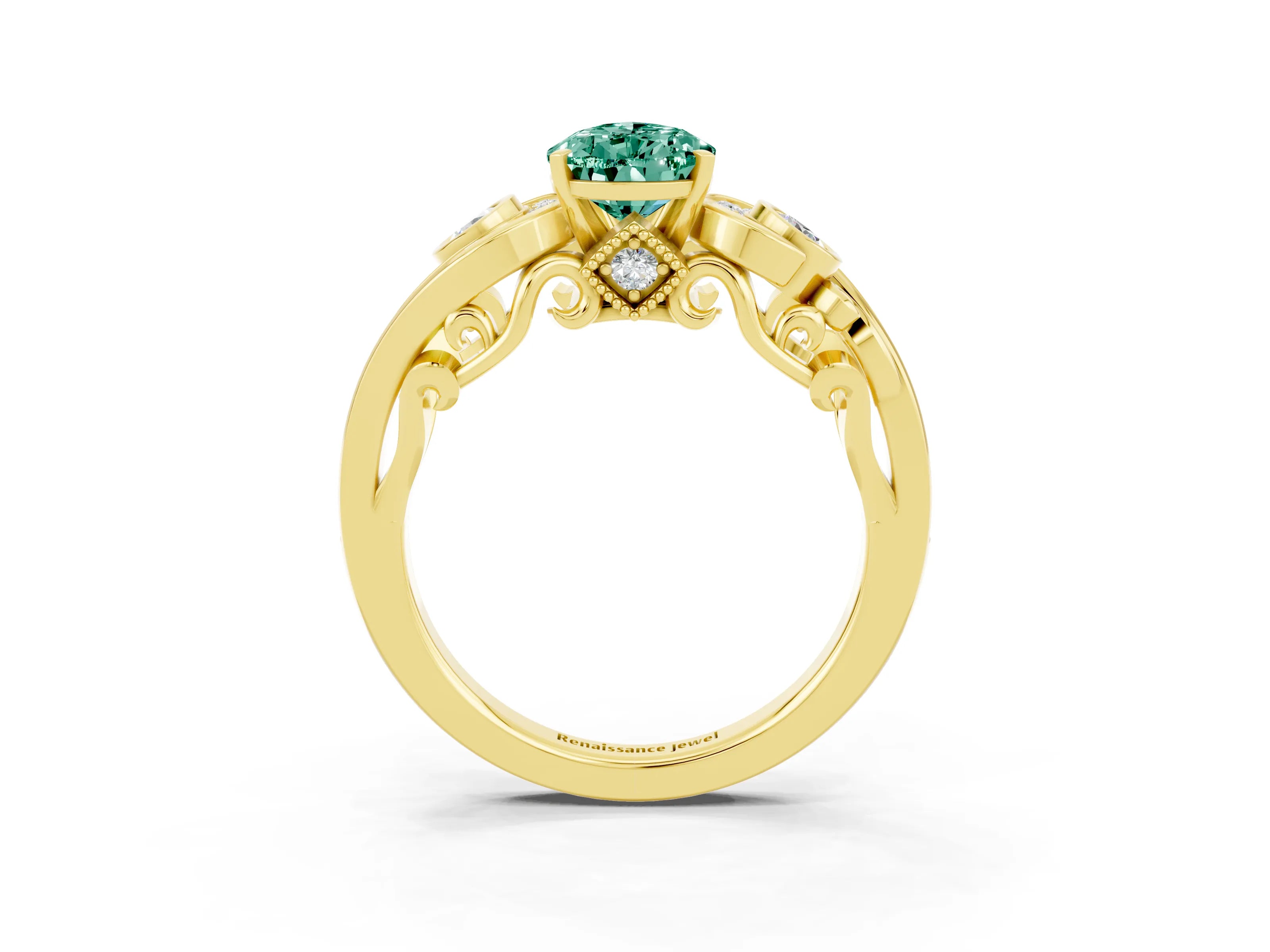 Yellow gold Pear Cut Green Sapphire Solitaire Ring with Milgrain Pavé Band and Four-Prong Setting_27