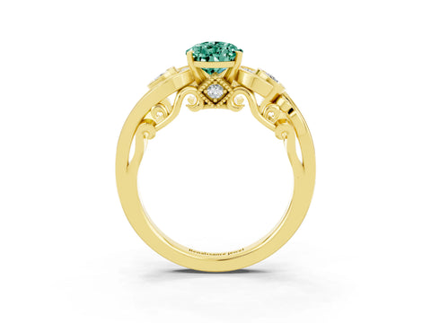 Yellow gold Pear Cut Green Sapphire Solitaire Ring with Milgrain Pavé Band and Four-Prong Setting_27