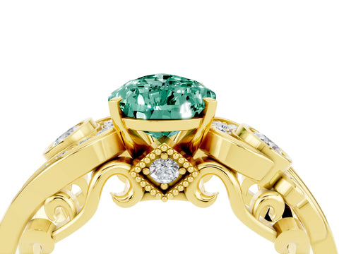 Yellow gold Pear Cut Green Sapphire Solitaire Ring with Milgrain Pavé Band and Four-Prong Setting_28