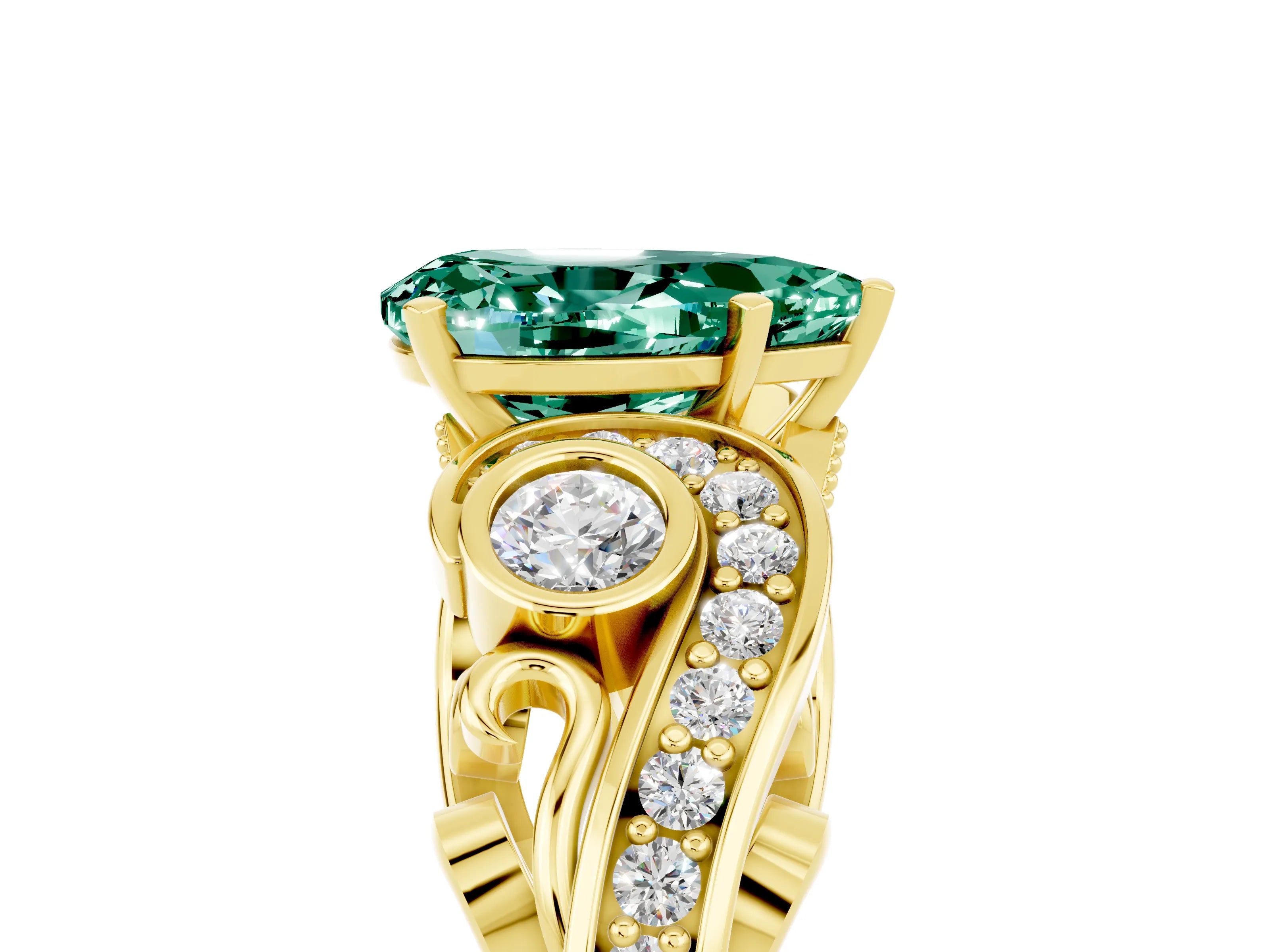 Yellow gold Pear Cut Green Sapphire Solitaire Ring with Milgrain Pavé Band and Four-Prong Setting_29