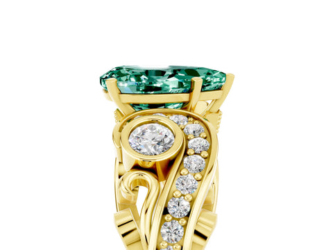 Yellow gold Pear Cut Green Sapphire Solitaire Ring with Milgrain Pavé Band and Four-Prong Setting_29
