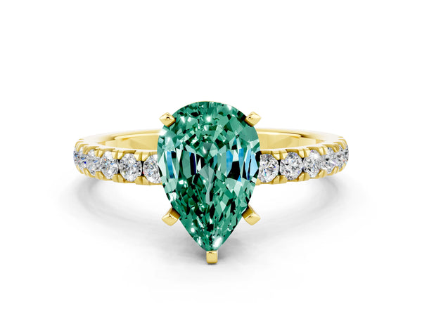 Yellow gold Pear Cut Green Sapphire Solitaire Ring with Pavé Accents and Four-Prong Setting