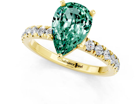 Yellow gold Pear Cut Green Sapphire Solitaire Ring with Pavé Accents and Four-Prong Setting_1