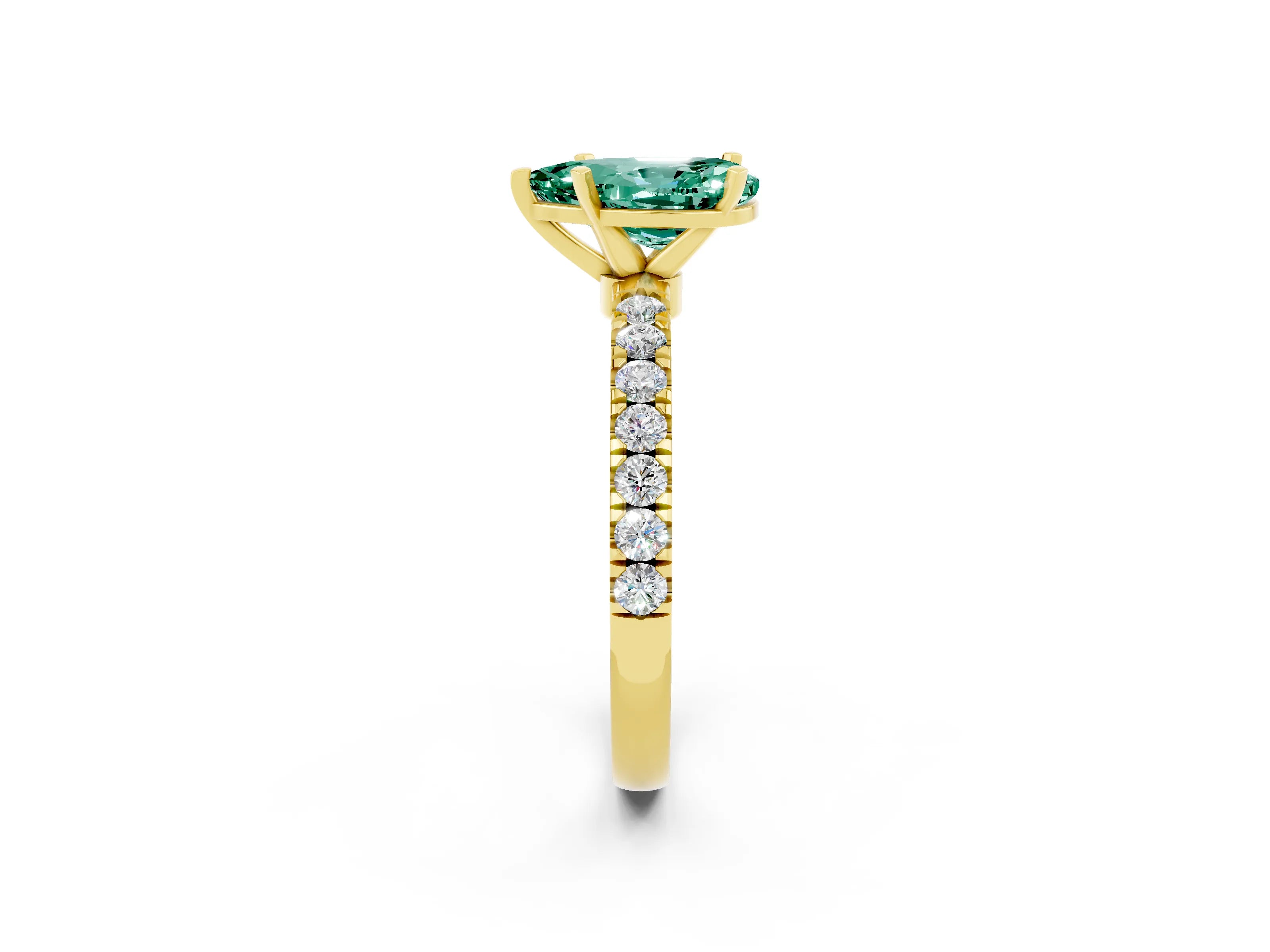 Yellow gold Pear Cut Green Sapphire Solitaire Ring with Pavé Accents and Four-Prong Setting_2