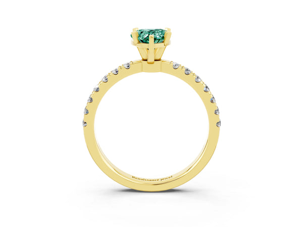 Yellow gold Pear Cut Green Sapphire Solitaire Ring with Pavé Accents and Four-Prong Setting