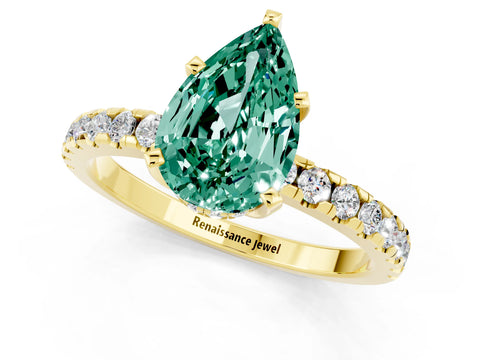 Yellow gold Pear Cut Green Sapphire Solitaire Ring with Pavé Band and Four-Prong Setting_25