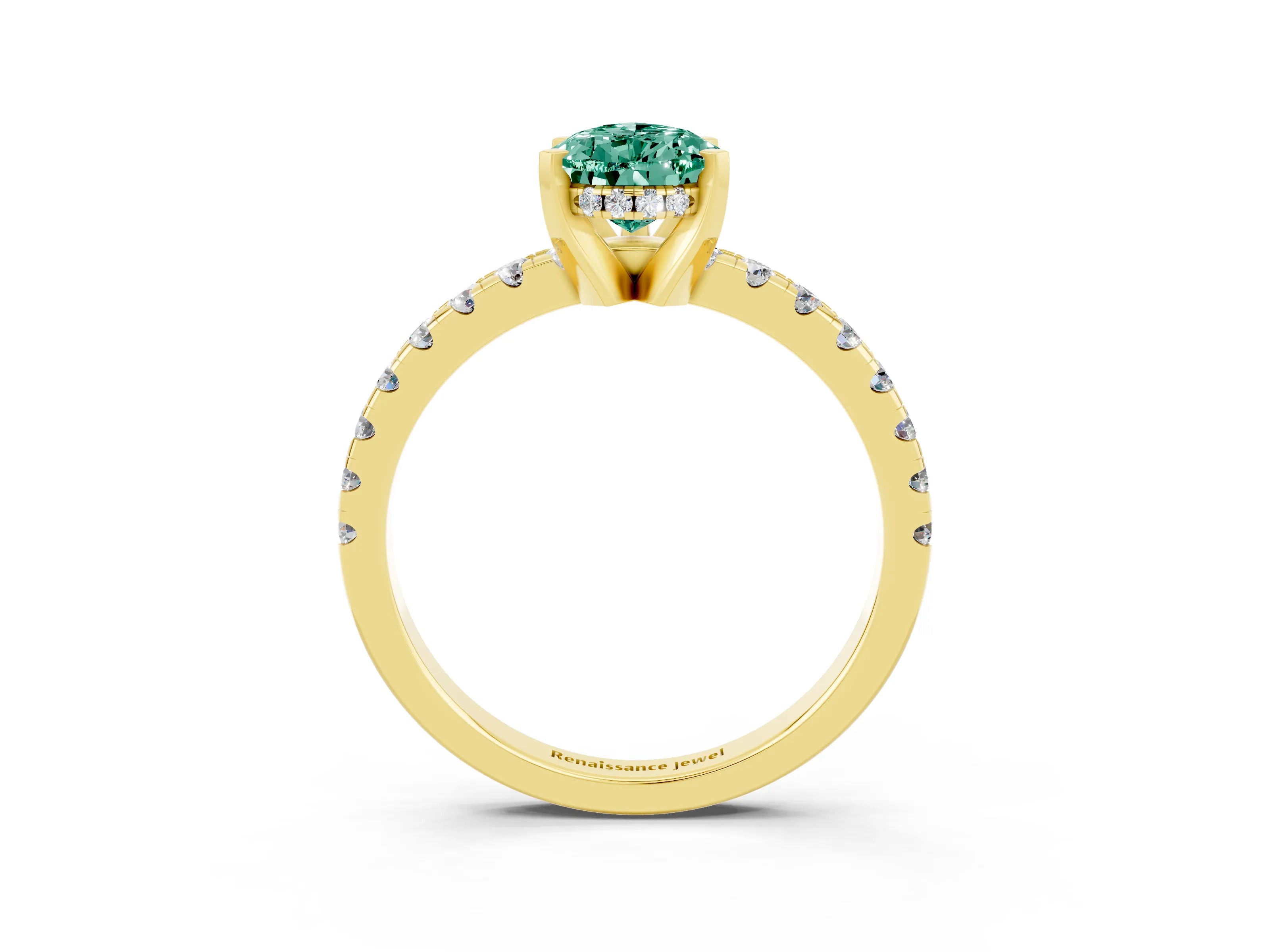 Yellow gold Pear Cut Green Sapphire Solitaire Ring with Pavé Band and Four-Prong Setting_27