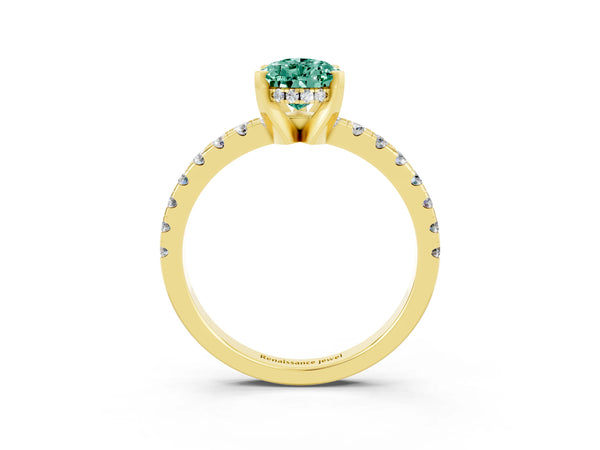 Yellow gold Pear Cut Green Sapphire Solitaire Ring with Round  Pavé Band and Four-Prong Setting