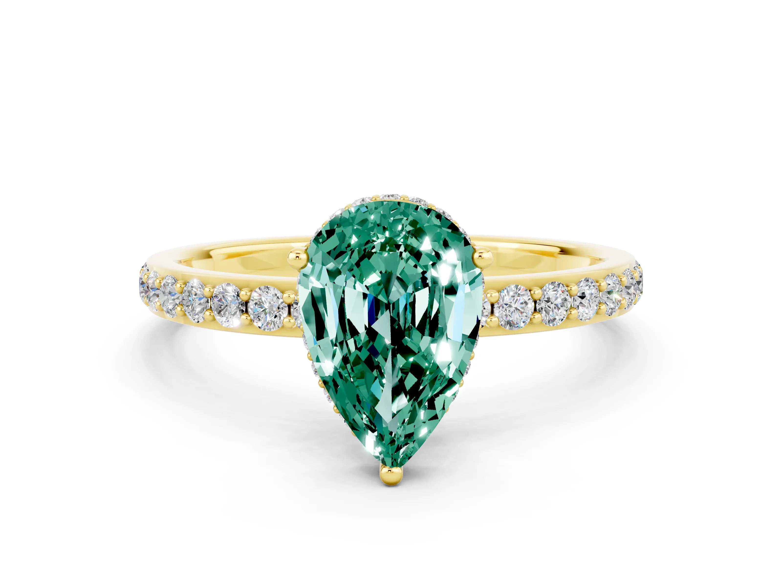 Yellow gold Pear Cut Green Sapphire Solitaire Ring with Pavé Band and Hidden Halo_12