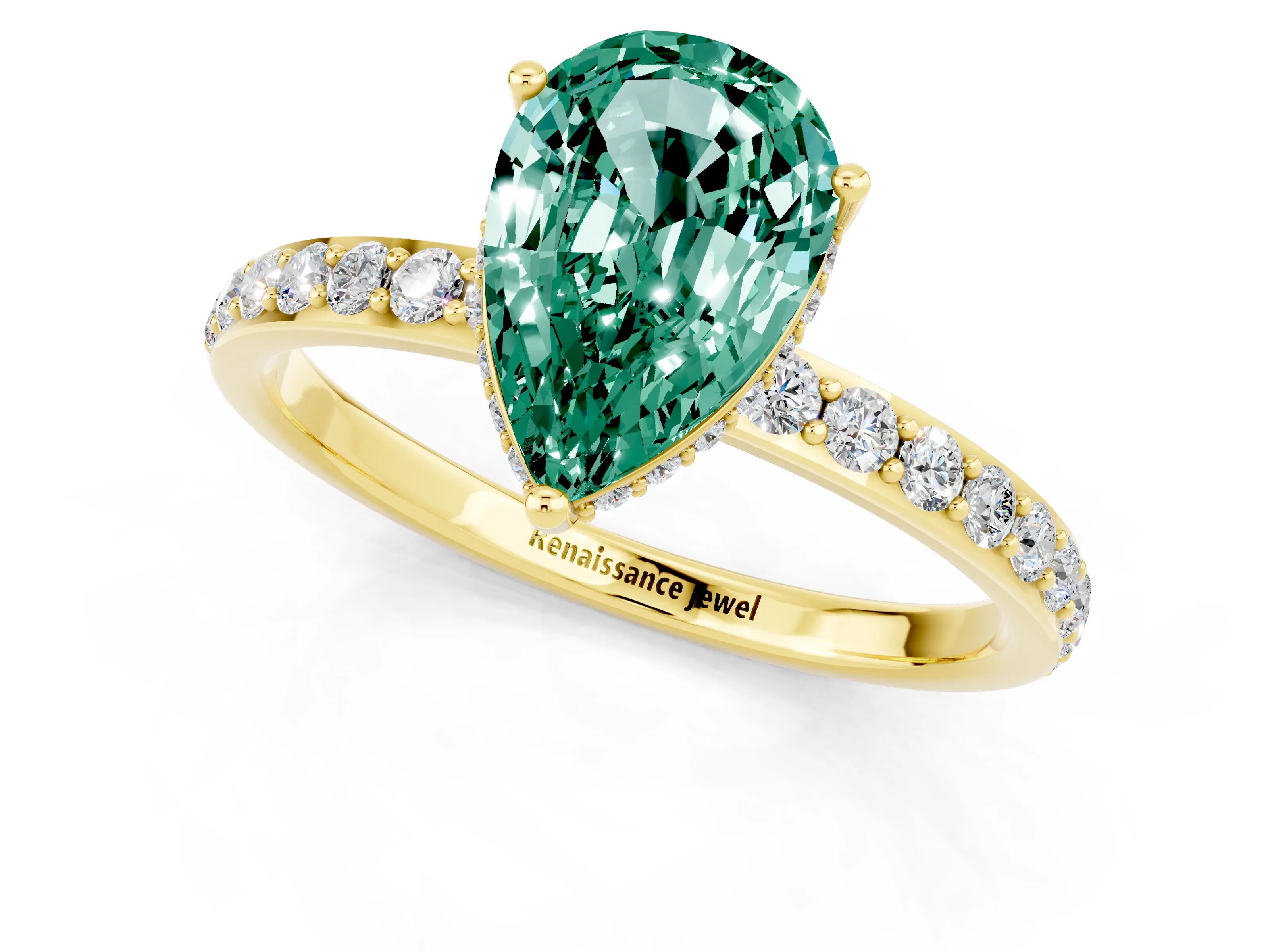 Yellow gold Pear Cut Green Sapphire Solitaire Ring with Pavé Band and Hidden Halo_13