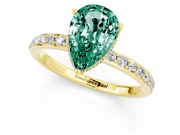Yellow gold Pear Cut Green Sapphire Solitaire Ring with Pavé Band and Hidden Halo