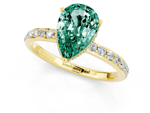 Yellow gold Pear Cut Green Sapphire Solitaire Ring with Pavé Band and Hidden Halo_13