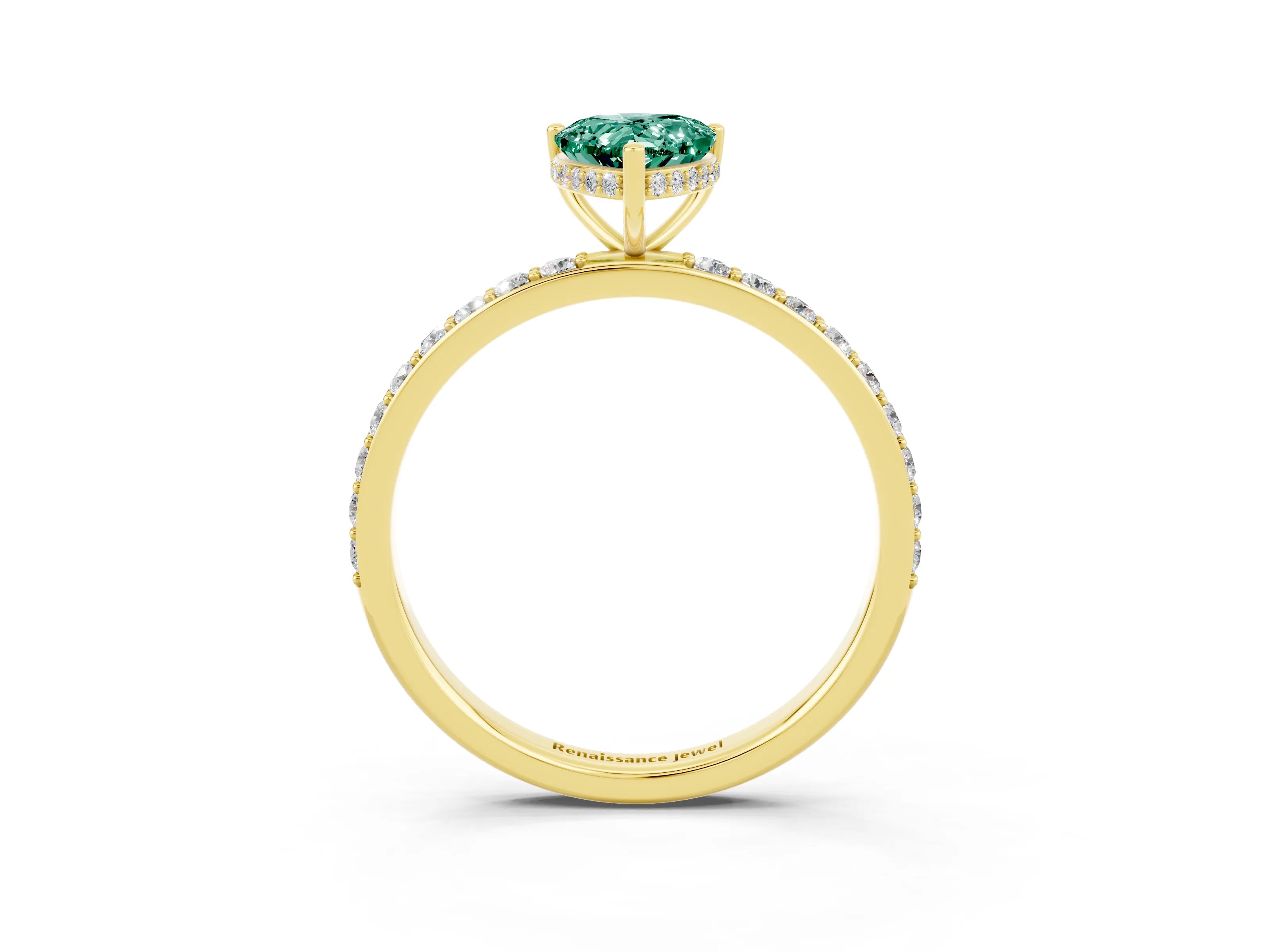 Yellow gold Pear Cut Green Sapphire Solitaire Ring with Pavé Band and Hidden Halo_15