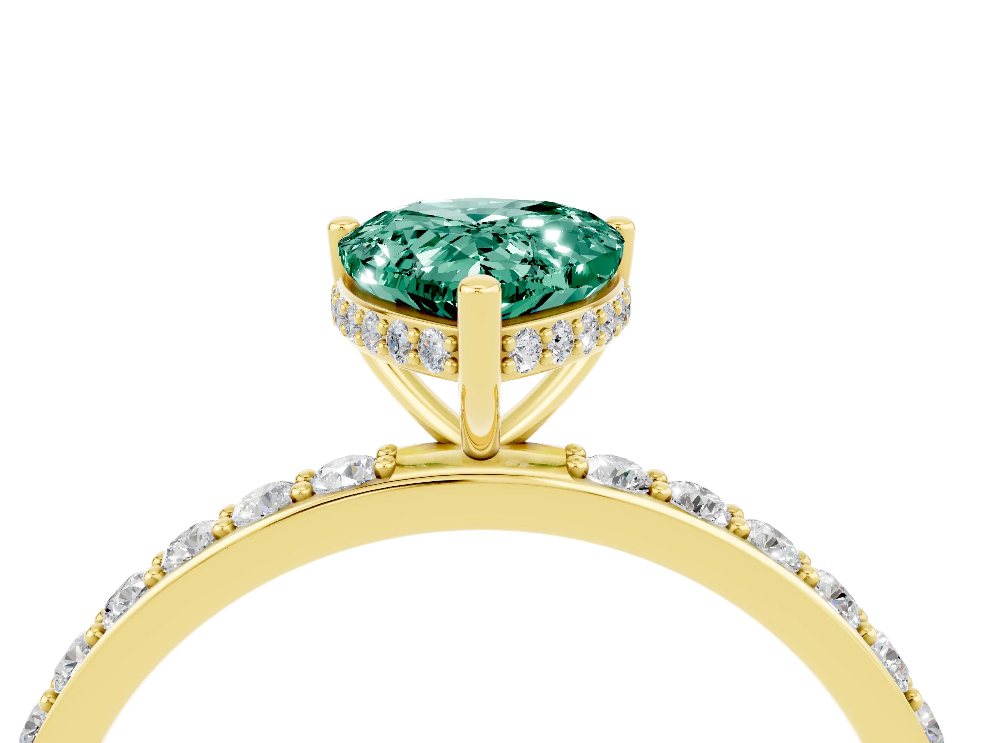 Yellow gold Pear Cut Green Sapphire Solitaire Ring with Pavé Band and Hidden Halo_16