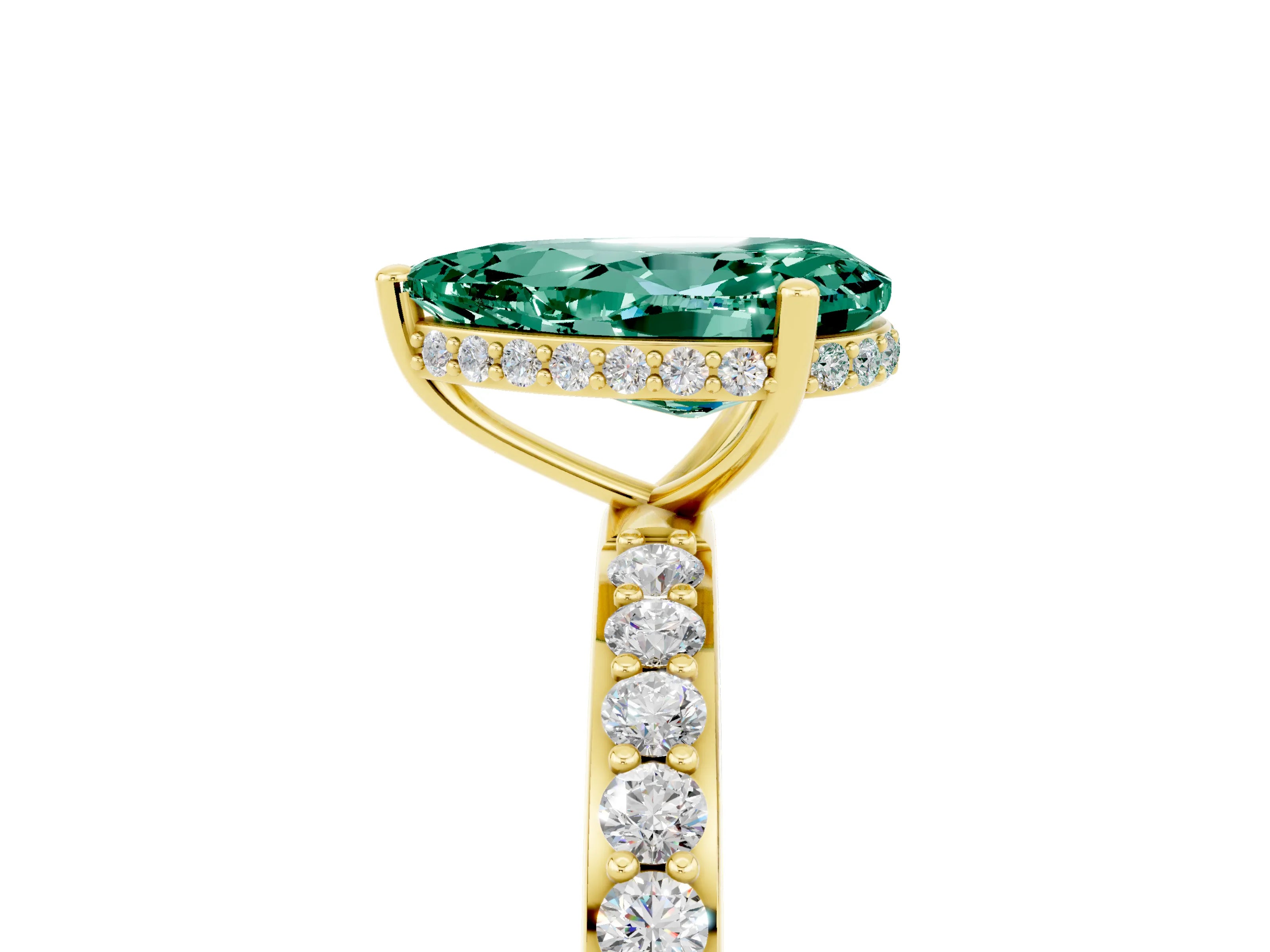 Yellow gold Pear Cut Green Sapphire Solitaire Ring with Pavé Band and Hidden Halo_17