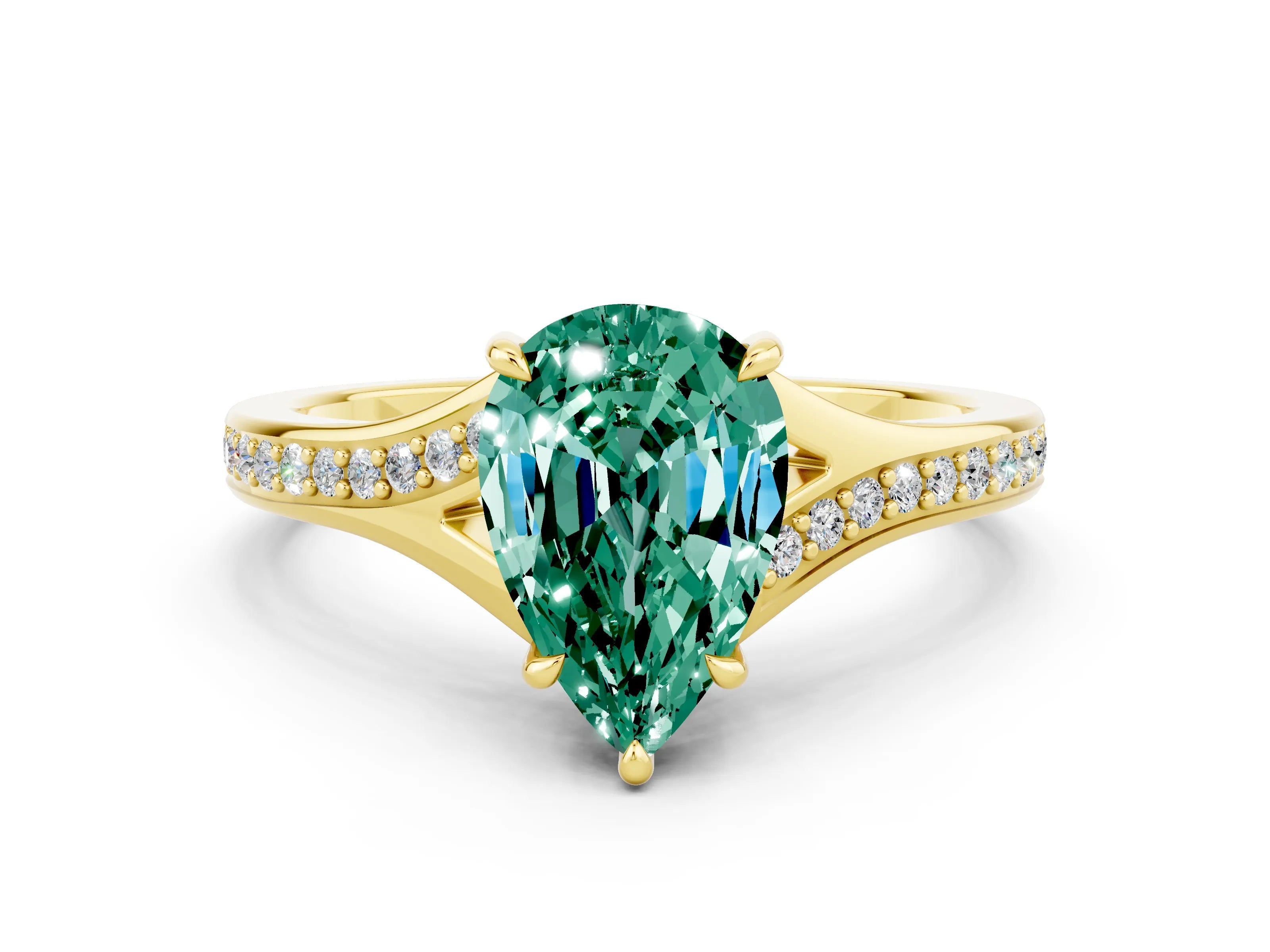 Yellow gold Pear Cut Green Sapphire Solitaire Ring with Pavé Band and Prong Setting_12