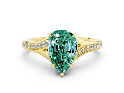 Yellow gold Pear Cut Green Sapphire Solitaire Ring with Pavé Band and Prong Setting_12