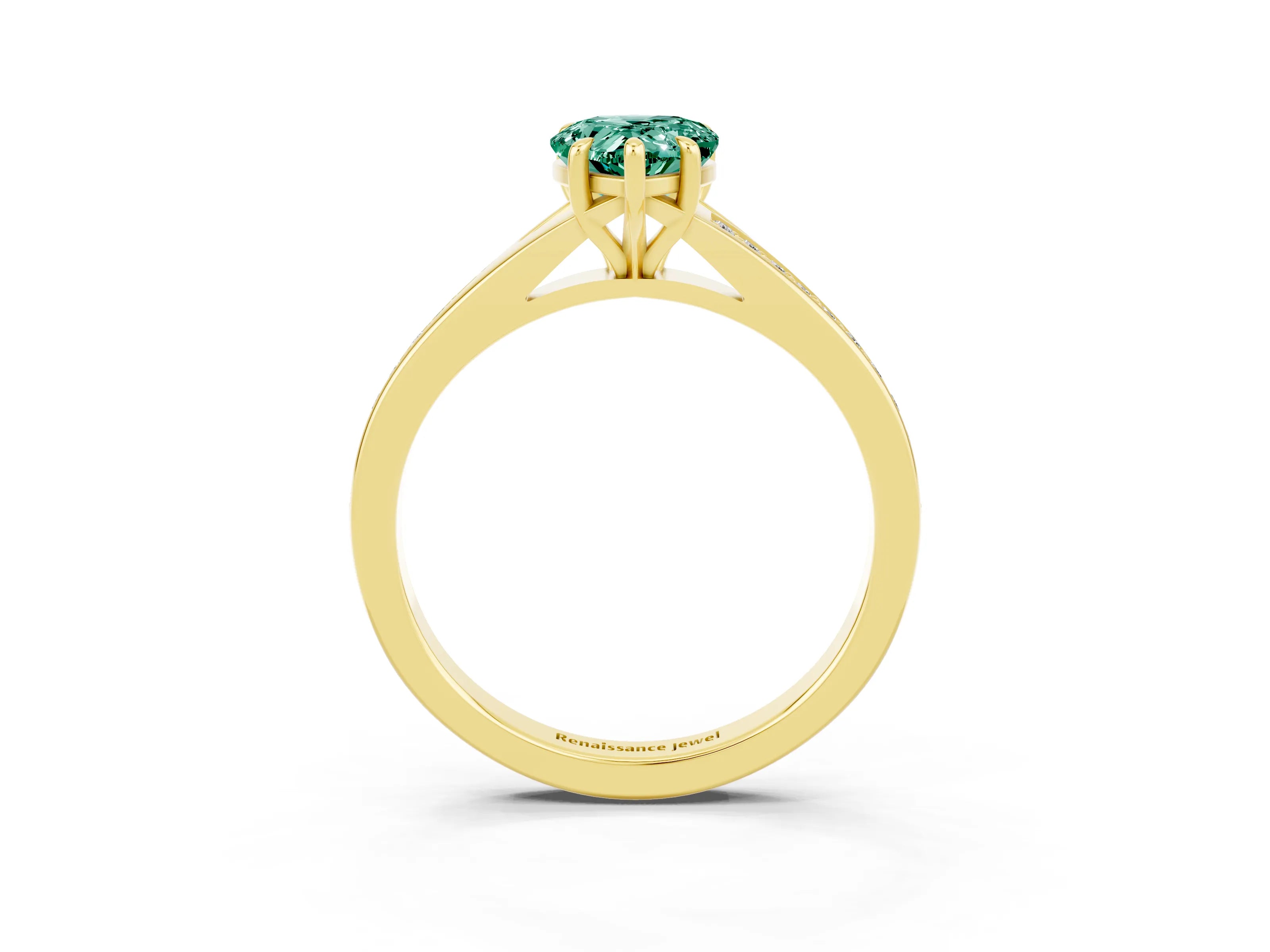 Yellow gold Pear Cut Green Sapphire Solitaire Ring with Pavé Band and Prong Setting_15