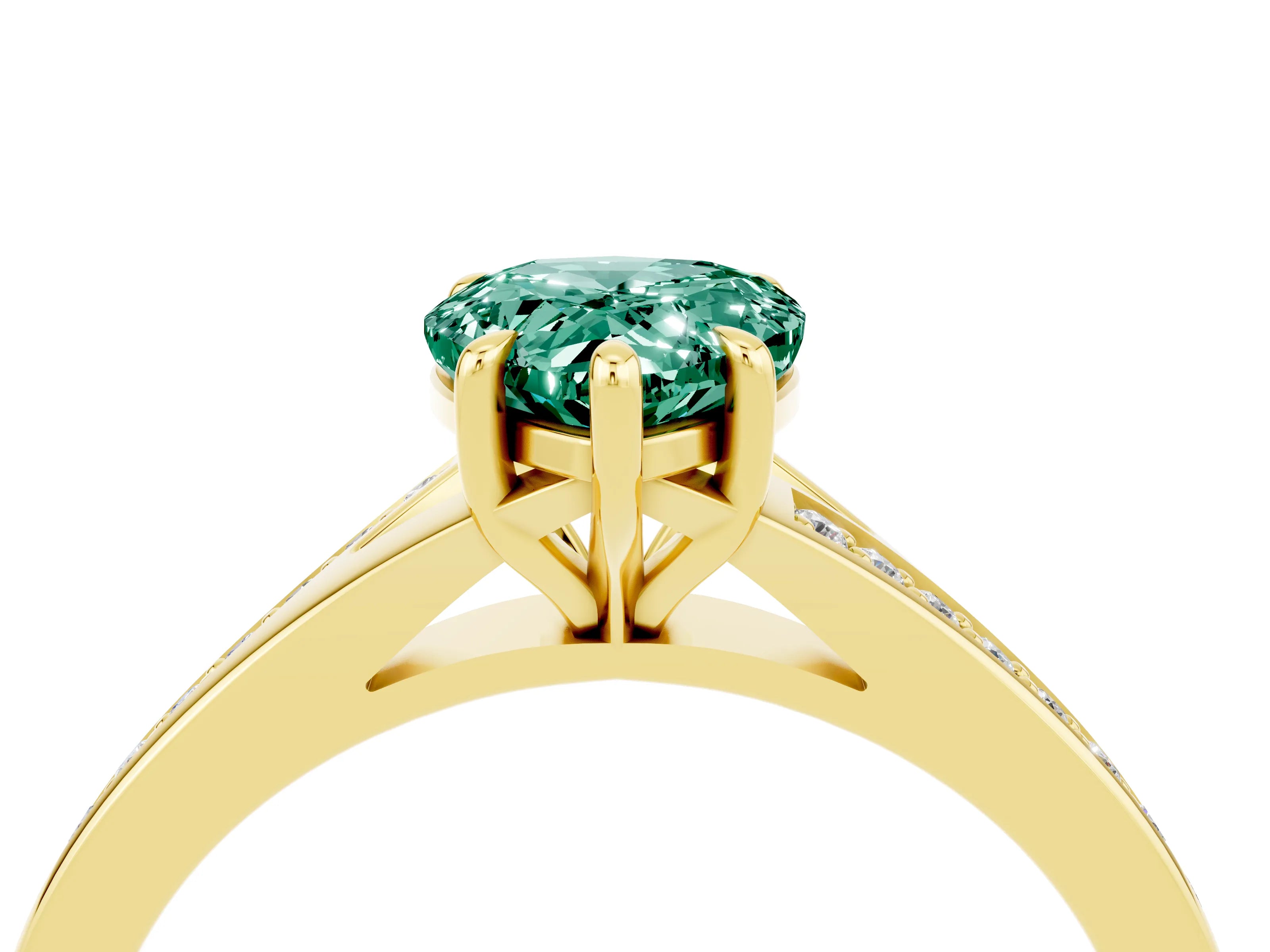 Yellow gold Pear Cut Green Sapphire Solitaire Ring with Pavé Band and Prong Setting_16