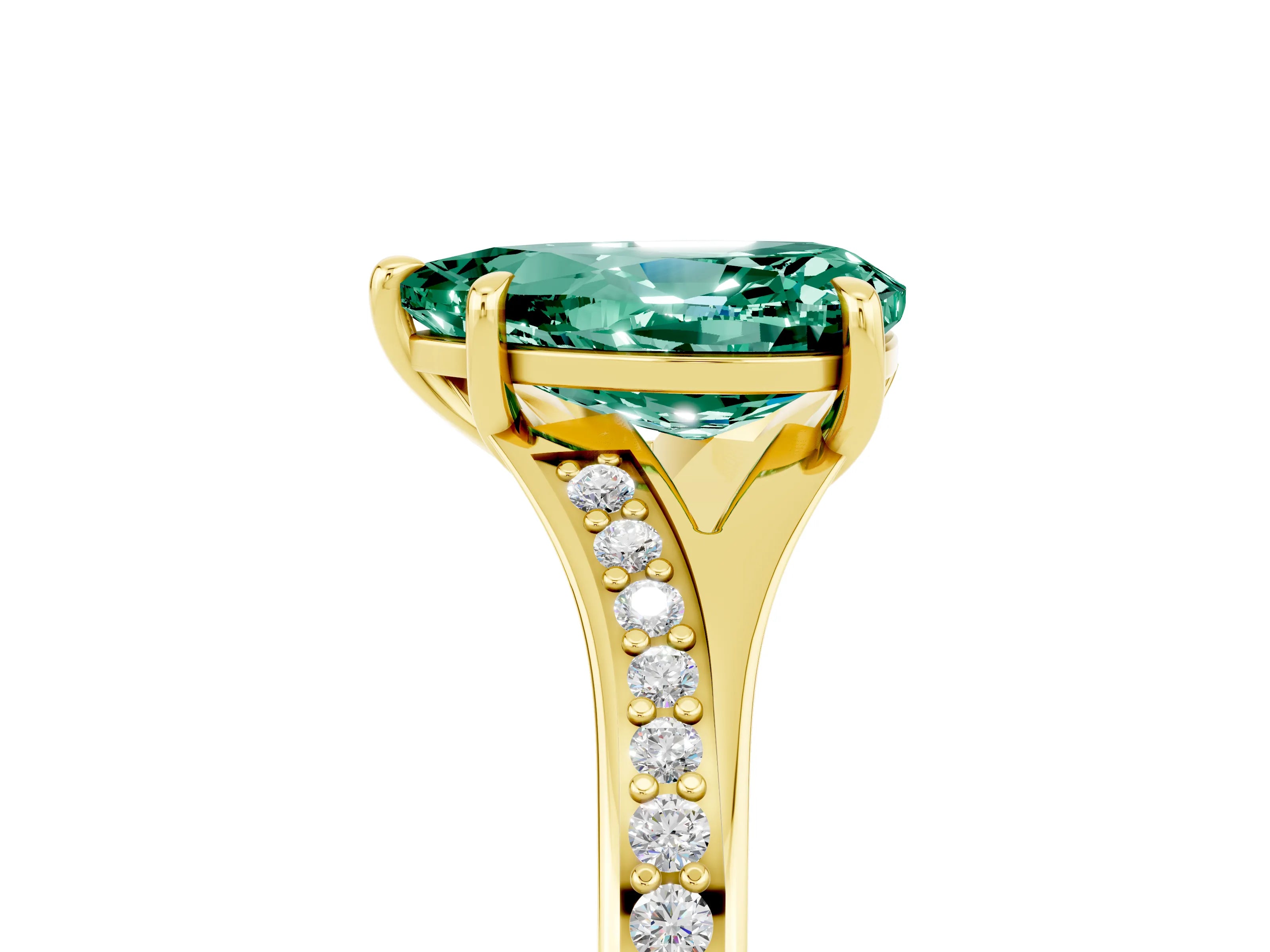 Yellow gold Pear Cut Green Sapphire Solitaire Ring with Pavé Band and Prong Setting_17