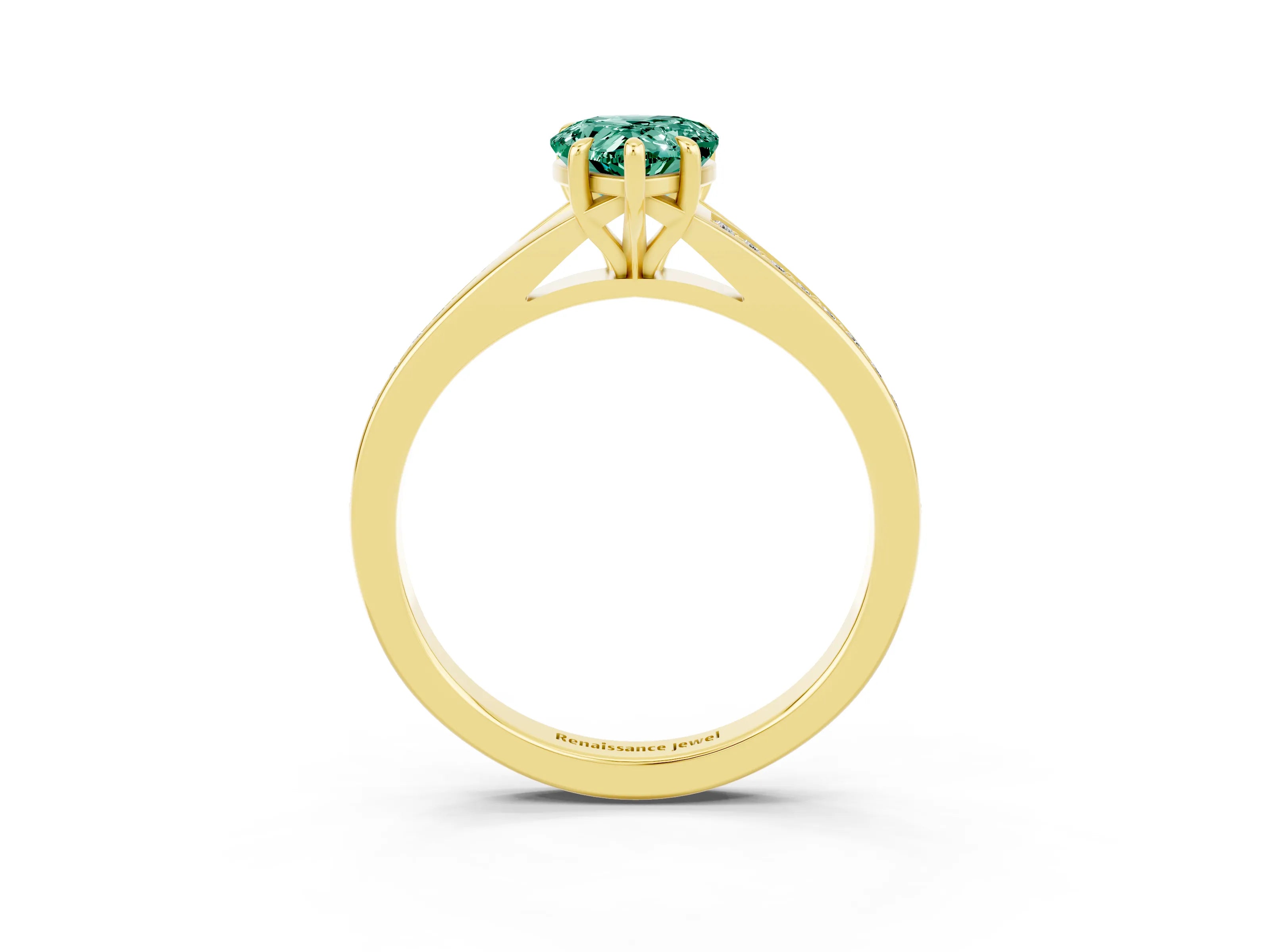 Yellow gold Pear Cut Green Sapphire Solitaire Ring with Pavé Band and Prong Setting_3