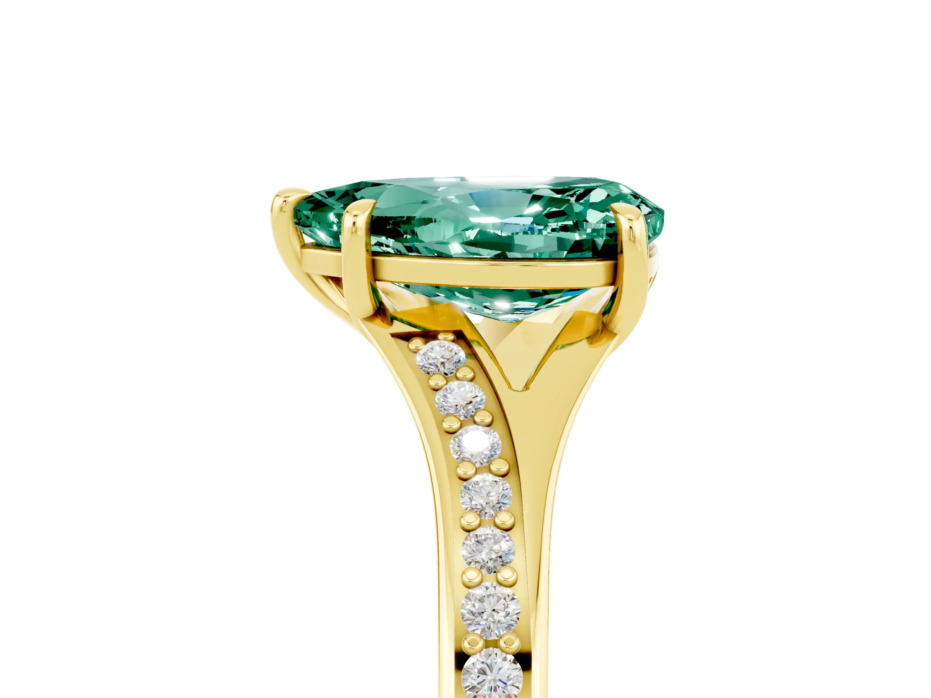 Yellow gold Pear Cut Green Sapphire Solitaire Ring with Pavé Band and Prong Setting_5