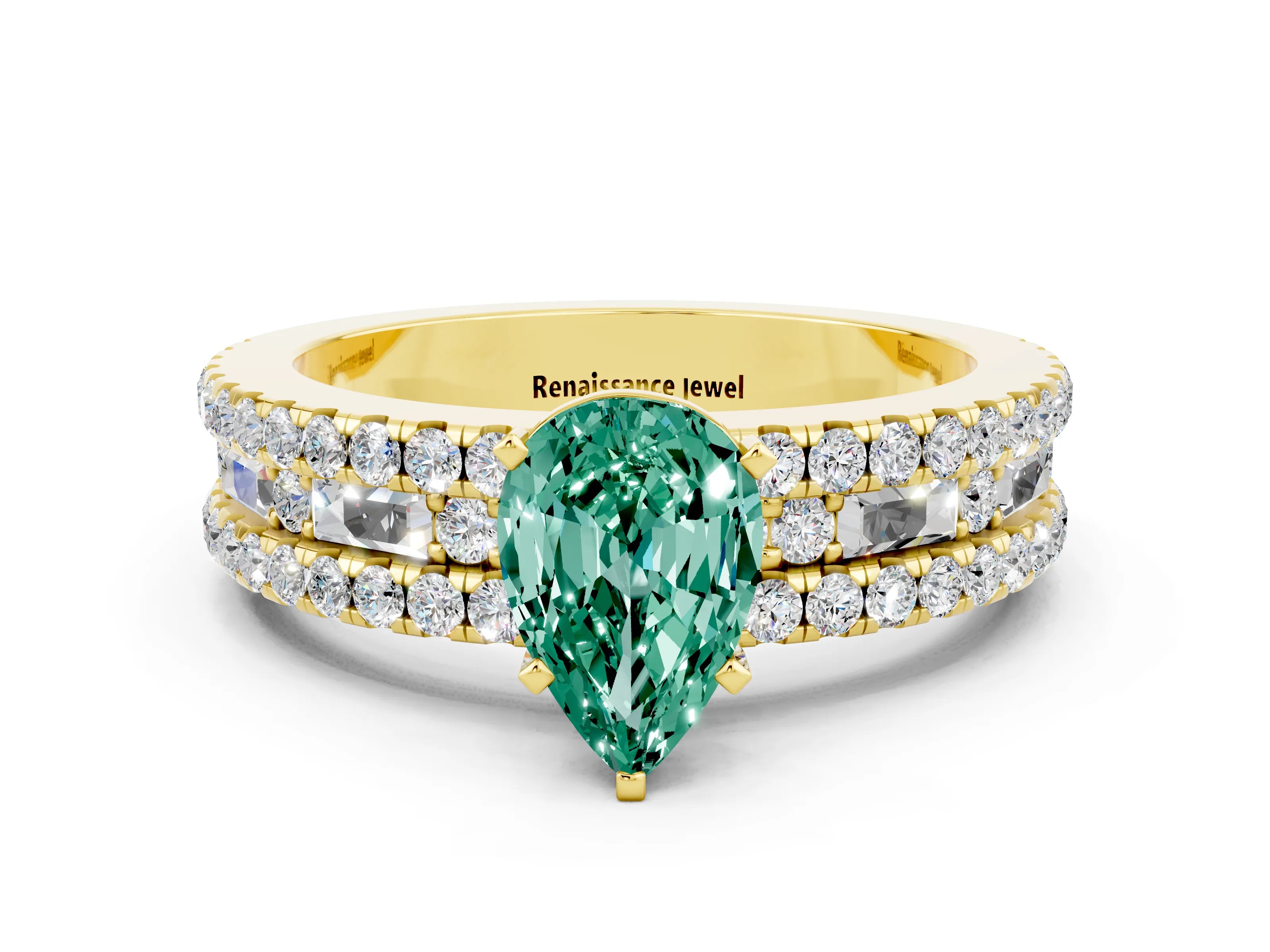 Yellow gold Pear Cut Green Sapphire Solitaire Ring with Pavé and Channel Set Band