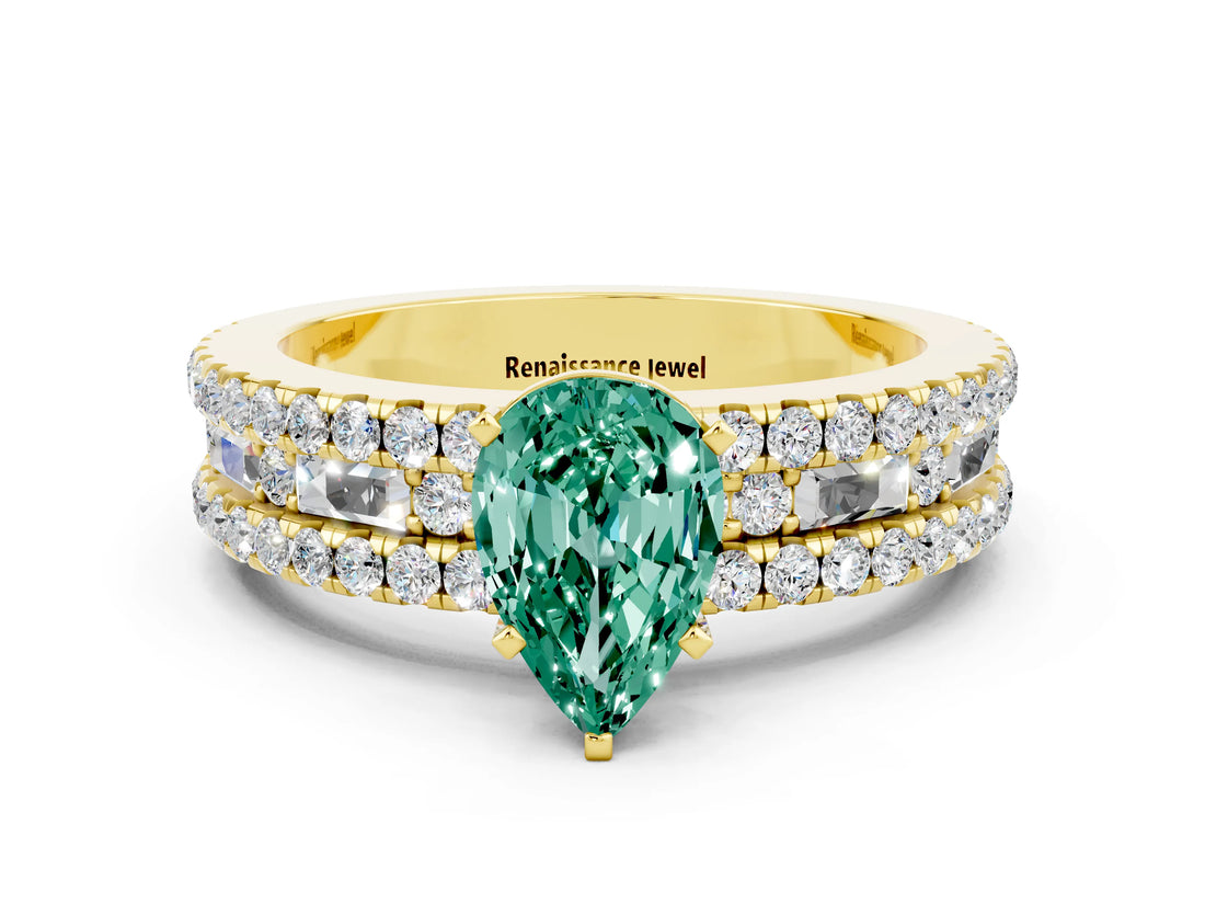 Yellow gold Pear Cut Green Sapphire Solitaire Ring with Pavé and Channel Set Band