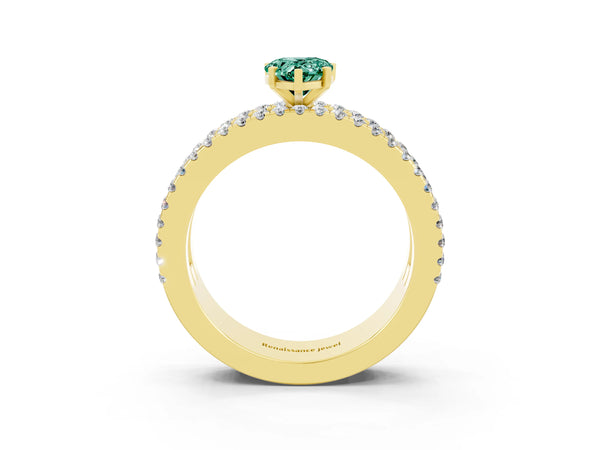 Yellow gold Pear Cut Green Sapphire Solitaire Ring with Pavé and Channel Set Band