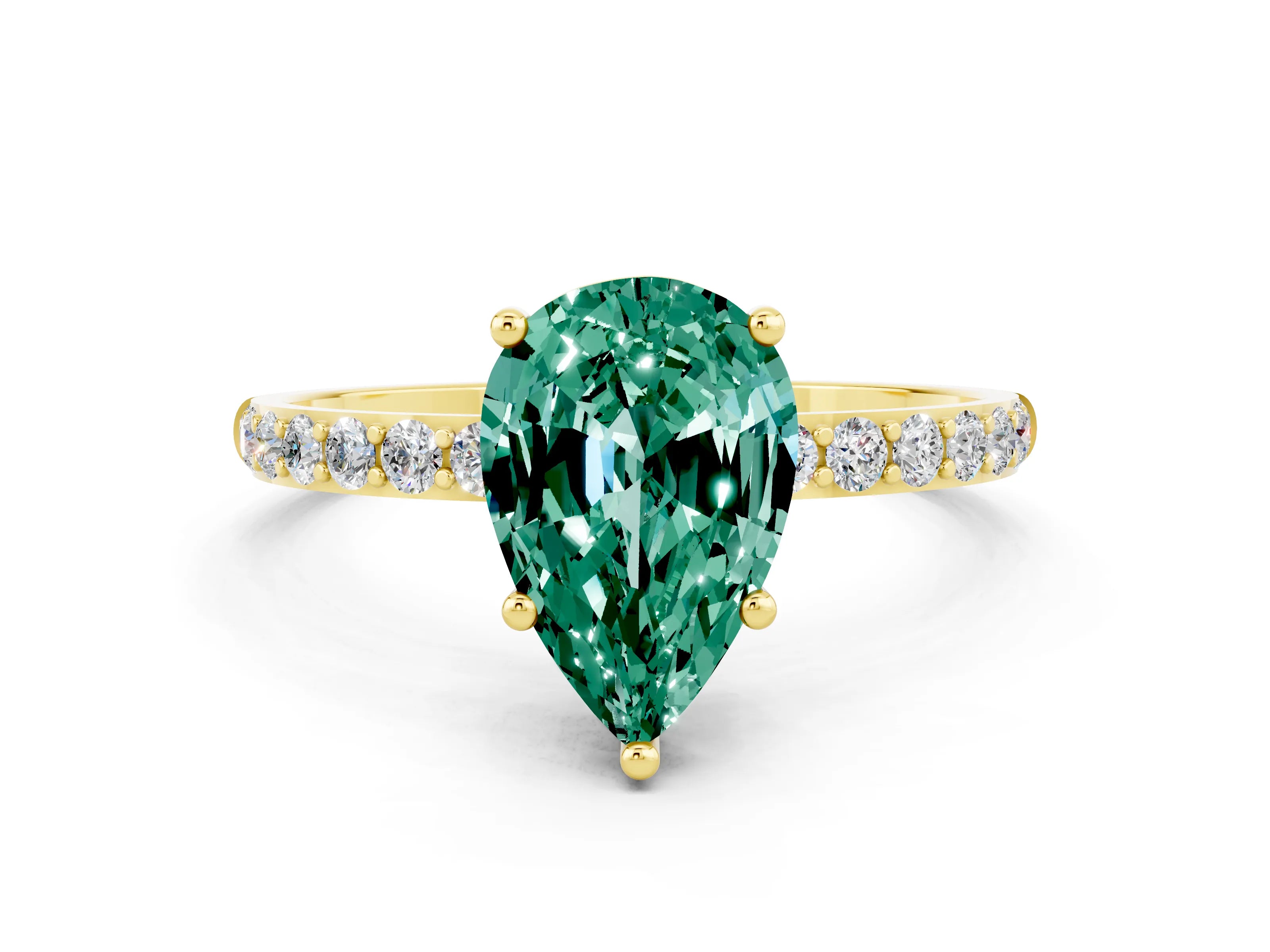 Yellow gold Pear Cut Green Sapphire Solitaire Ring with Pave Band and Four Prong Setting_24