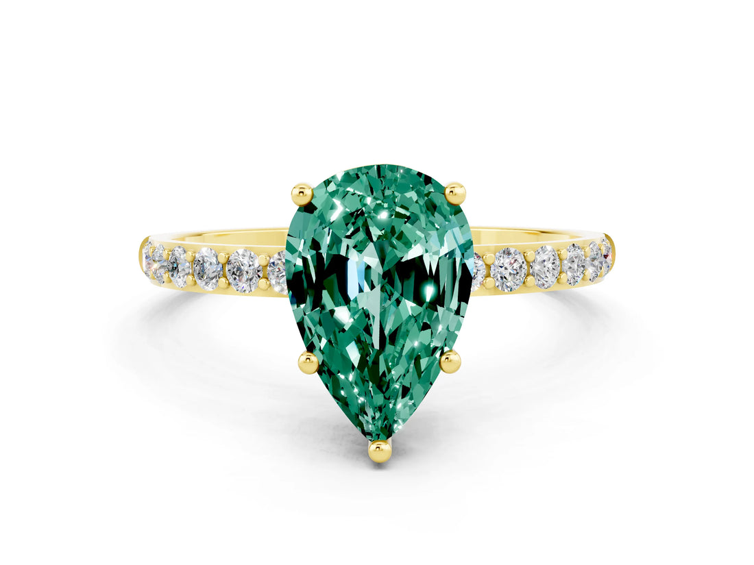 Yellow gold Pear Cut Green Sapphire Solitaire Ring with Pave Band and Four Prong Setting_24