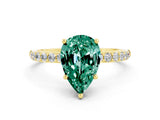 Yellow gold Pear Cut Green Sapphire Solitaire Ring with Pave Band and Four Prong Setting_24