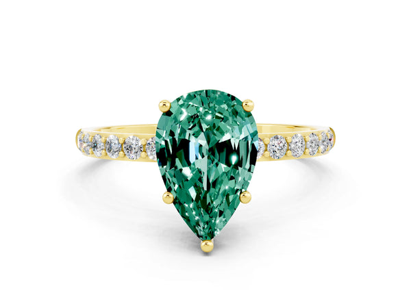 Yellow gold Pear Cut Green Sapphire Solitaire Ring with Round  Pavé Band and Prong Setting