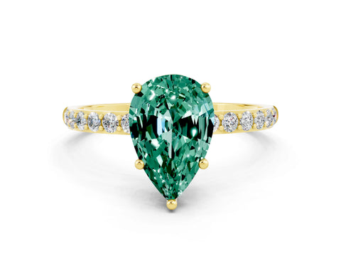 Yellow gold Pear Cut Green Sapphire Solitaire Ring with Pave Band and Four Prong Setting_24