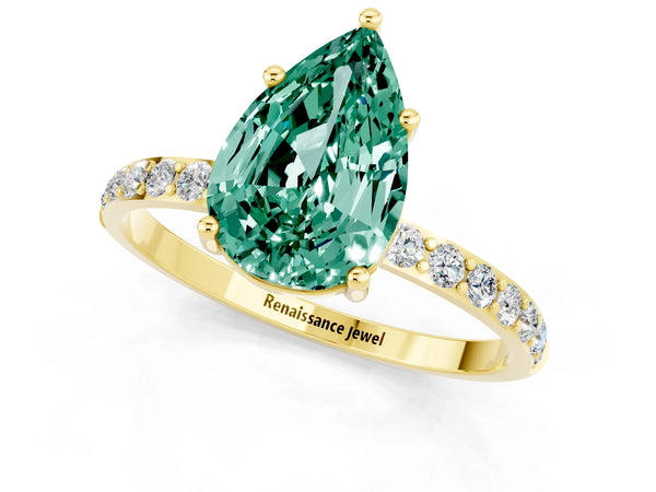 Yellow gold Pear Cut Green Sapphire Solitaire Ring with Round  Pavé Band and Prong Setting