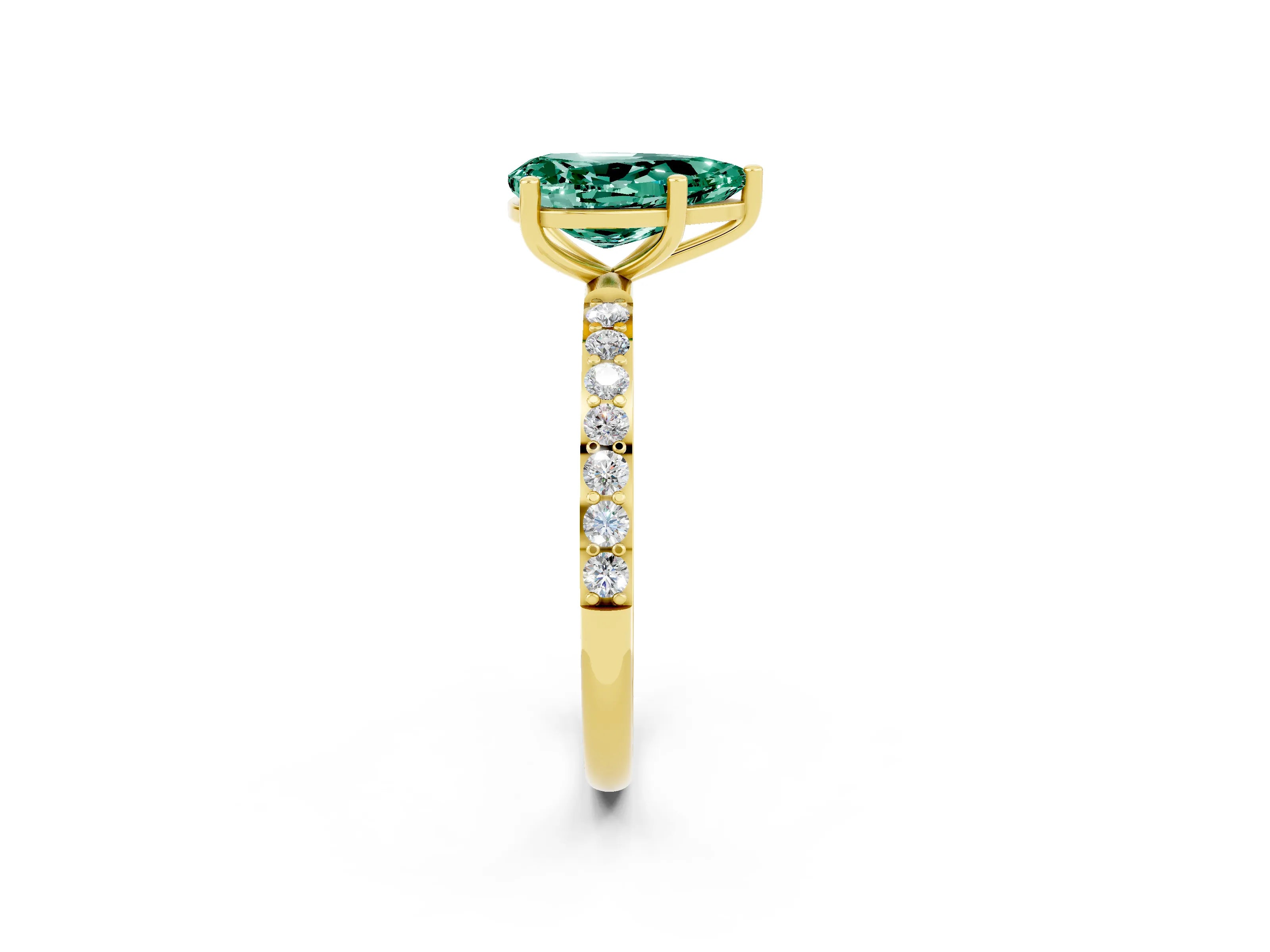 Yellow gold Pear Cut Green Sapphire Solitaire Ring with Pave Band and Four Prong Setting_26