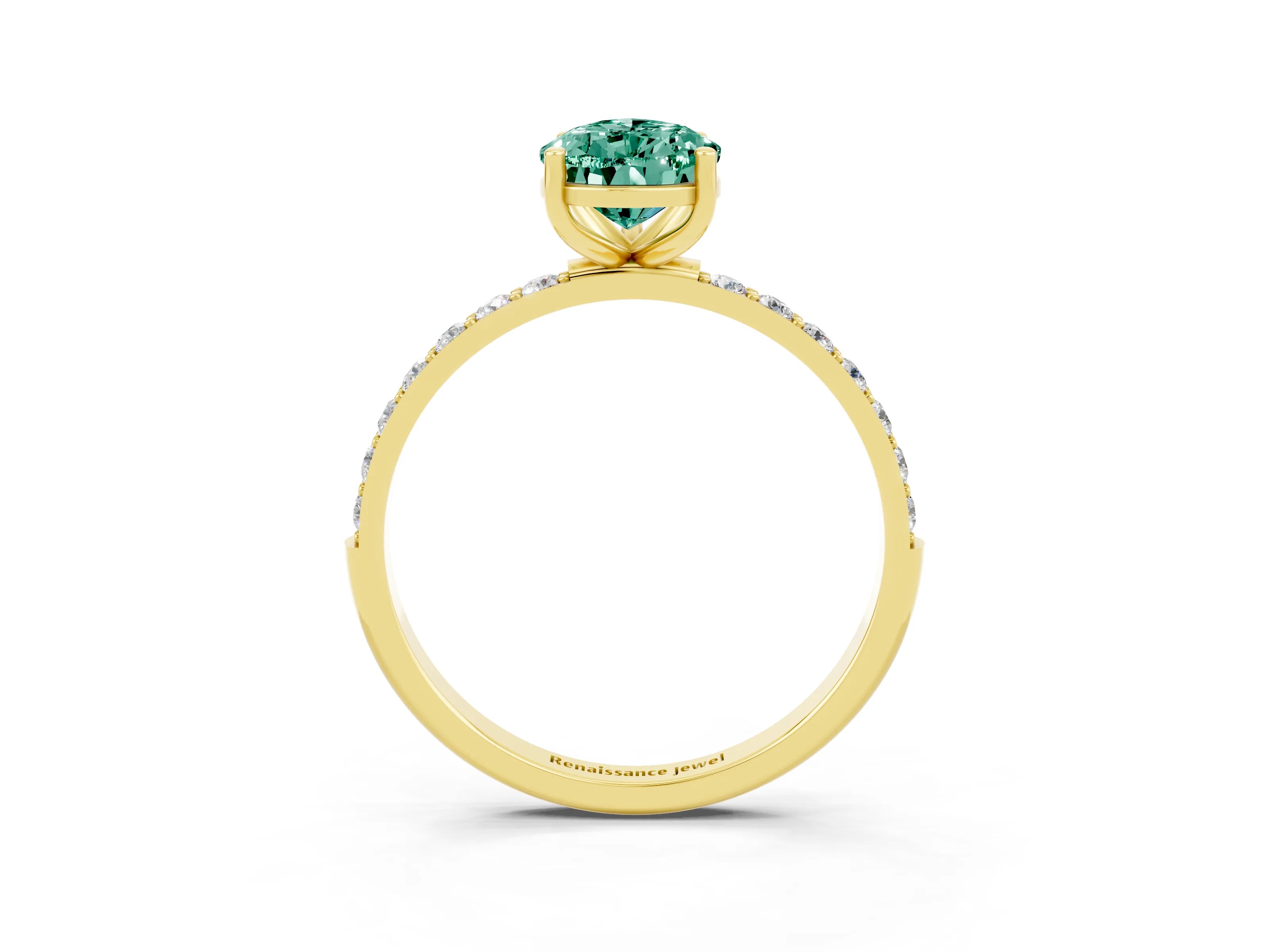 Yellow gold Pear Cut Green Sapphire Solitaire Ring with Pave Band and Four Prong Setting_27