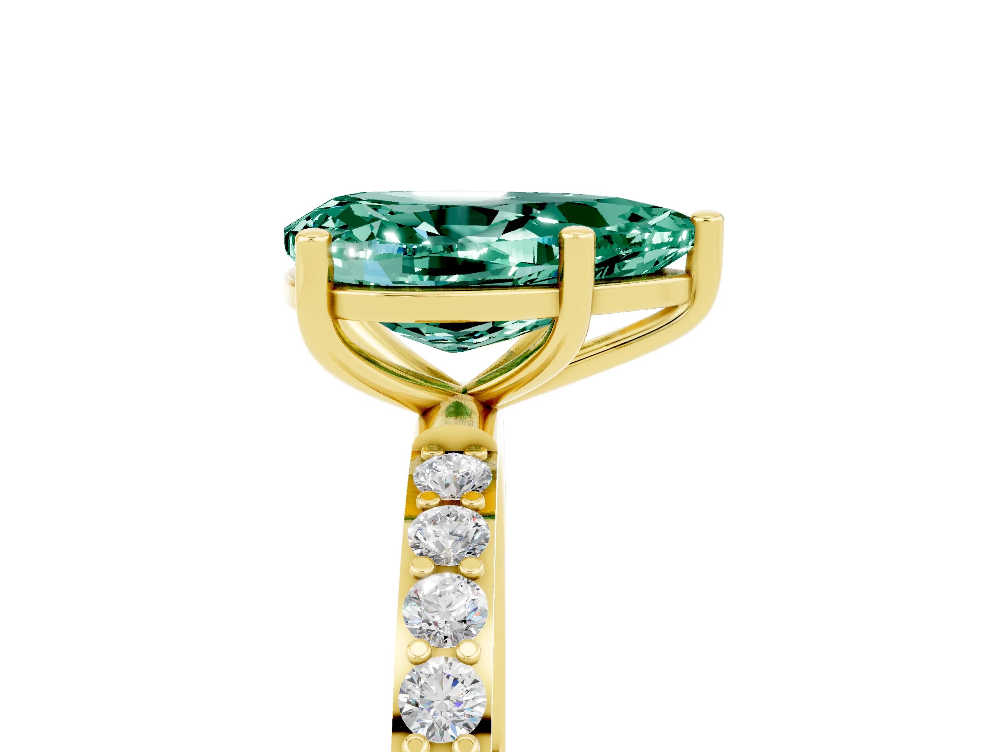 Yellow gold Pear Cut Green Sapphire Solitaire Ring with Pave Band and Four Prong Setting_29
