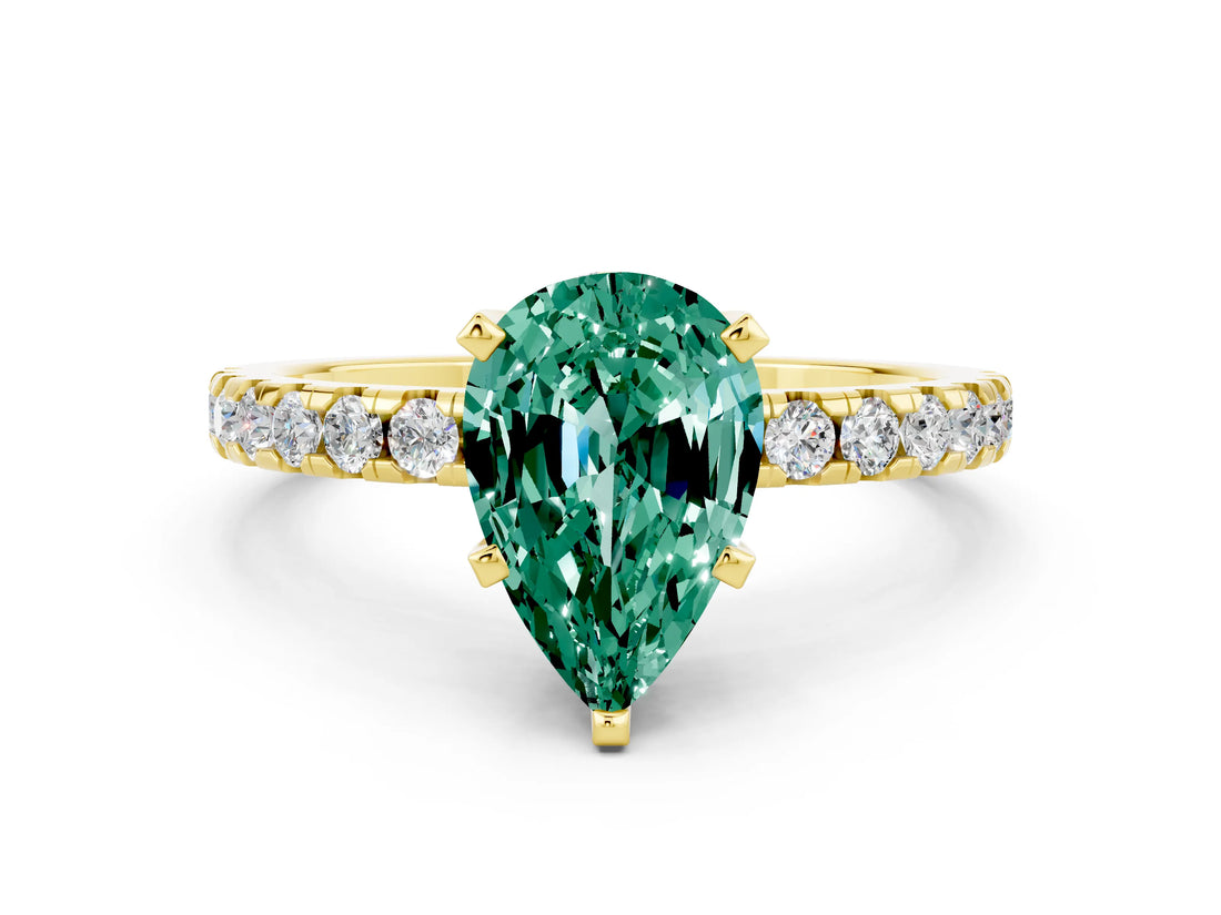Yellow gold Pear Cut Green Sapphire Solitaire Ring with Round  Pavé Band and Four-Prong Setting_36