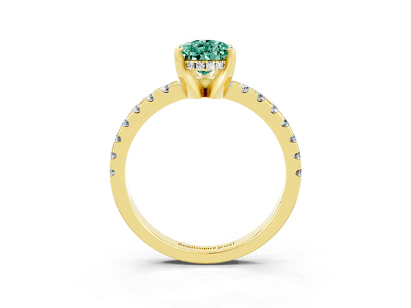Yellow gold Pear Cut Green Sapphire Solitaire Ring with Round Pavé Band and Four-Prong Setting