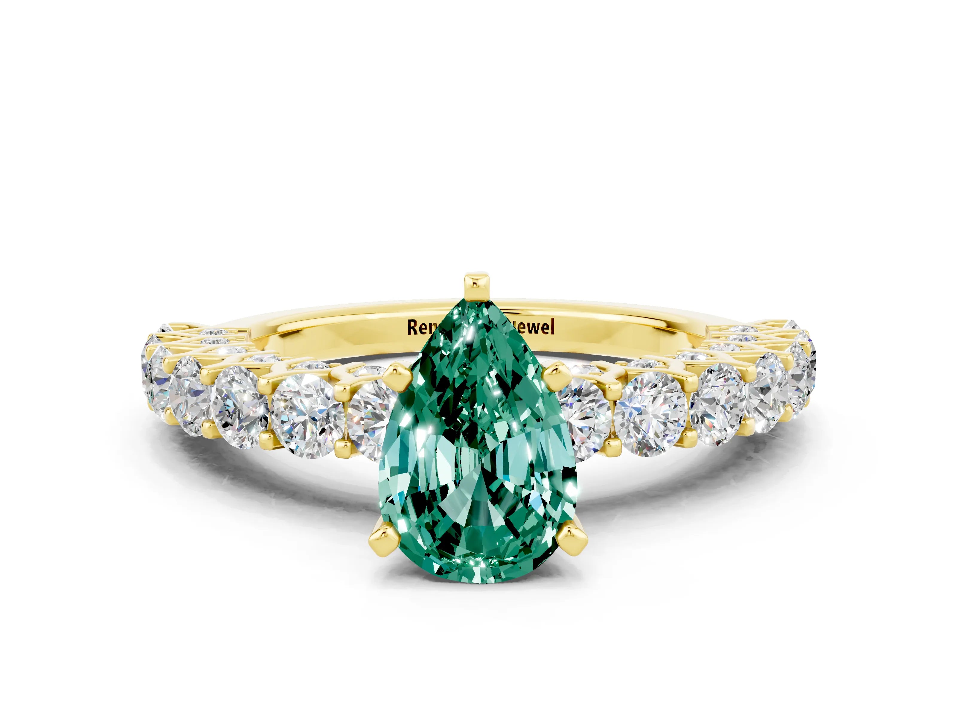 Yellow gold Pear Cut Green Sapphire Solitaire Ring with Shared Prong Pavé Band and Four-Prong Setting