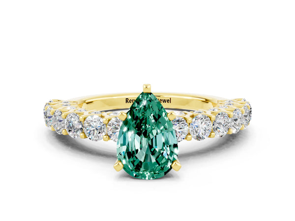 Yellow gold Pear Cut Green Sapphire Solitaire Ring with Shared Prong Pavé Band and Four-Prong Setting