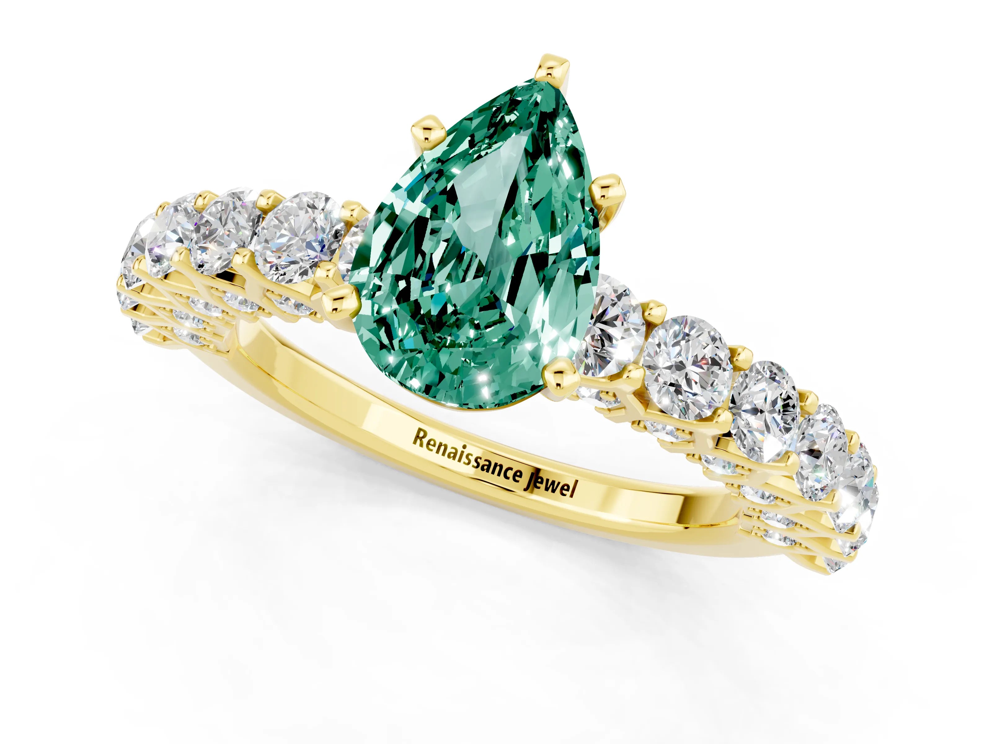 Yellow gold Pear Cut Green Sapphire Solitaire Ring with Shared Prong Pavé Band and Four-Prong Setting_1