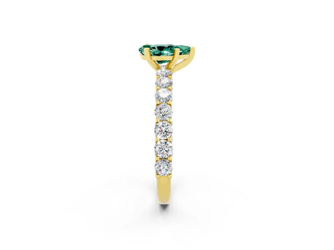 Yellow gold Pear Cut Green Sapphire Solitaire Ring with Shared Prong Pavé Band and Four-Prong Setting_2