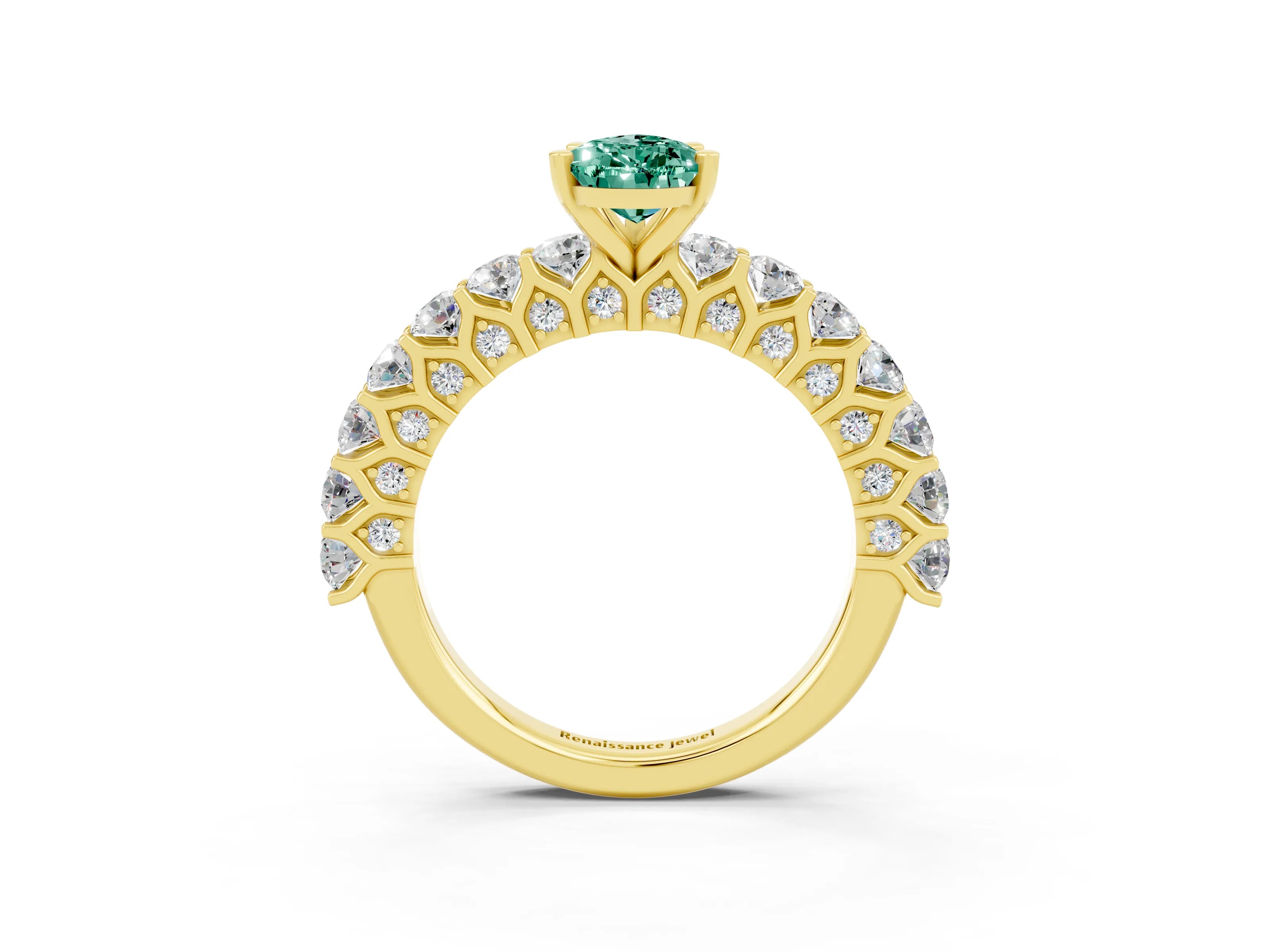 Yellow gold Pear Cut Green Sapphire Solitaire Ring with Shared Prong Pavé Band and Four-Prong Setting_3